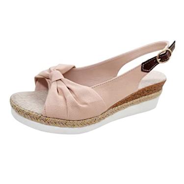 Imagem de Sandálias de cunha para mulheres moda verão cor sólida tecido casual palha inferior sandália fivela anabela (rosa, 7,5)