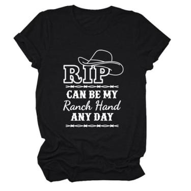 Imagem de Rip Can Be My Ranch Hand Any Day Camiseta feminina com padrão de chapéu jeans engraçado com dizeres estampados camisetas country music pulôver tops, Preto, GG