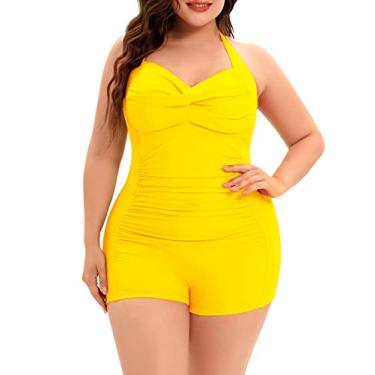 Imagem de Maiô feminino plus size, maiô feminino com controle de barriga vintage franzido, Amarelo, 17 Plus Size