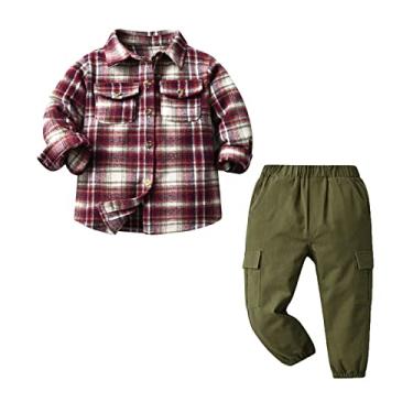 Imagem de Conjunto de roupas para meninos e bebês meninos camisa xadrez calça roupa de Páscoa para meninos, Vermelho, 4-5 Anos