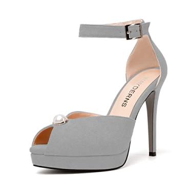 Imagem de WAYDERNS Sapato feminino Peep Toe de camurça plataforma tira no tornozelo fivela moderna salto alto stiletto 11 cm, Cinza, 10