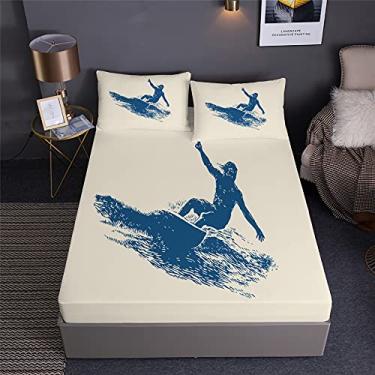 Imagem de Jogo de cama de praia com decoração de surfe de verão em um saco, 7 peças, conjunto de cama de surfe, incluindo 1 lençol com elástico + 1 edredom + 4 fronhas + 1 lençol de cima (D, cama queen em uma