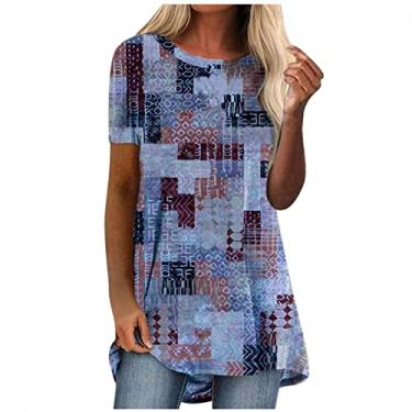 Imagem de Camiseta grande para mulheres com gola redonda e manga curta, túnica Pintura Blusa Tripulação de gola redonda Tops de verão Ajuste solto Top feminino de Bloco de cores D14-Azul Small