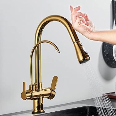 Imagem de Torneira de cozinha com filtro de sensor de toque, torneira de cozinha de latão com água pura, torneira misturadora giratória, guindaste de água quente e fria, modo de 2 vias, dourado