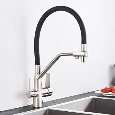 Imagem de Torneira de cozinha com filtro de latão preto Água pura 360 Guindaste giratório com alça dupla Purificação de cozinha Torneira misturadora de água potável quente e fria, níquel escovado B