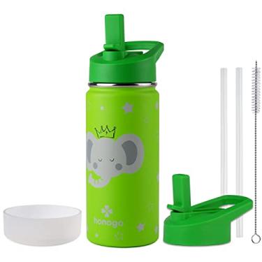 Imagem de honogo Garrafa de água infantil isolada de aço inoxidável de 473 ml, frasco térmico de metal à prova de vazamento com tampa de palha, copo infantil fofo para meninas e meninos (verde, elefante)