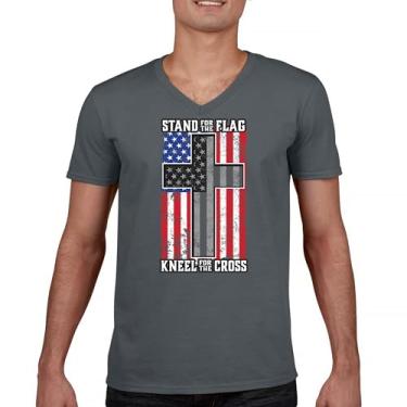 Imagem de Camiseta com gola V Stand for The Flag Kneel for The Cross American Patriotic DD 214 Veteran POW MIA Military Pride Tee, Carvão, M