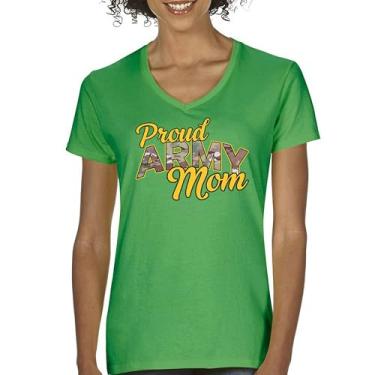 Imagem de Camiseta feminina com gola V Proud Army Mom US Military Family Pride Veteran Patriotic Armed Forces Mother's Day Licenciada, Verde, P