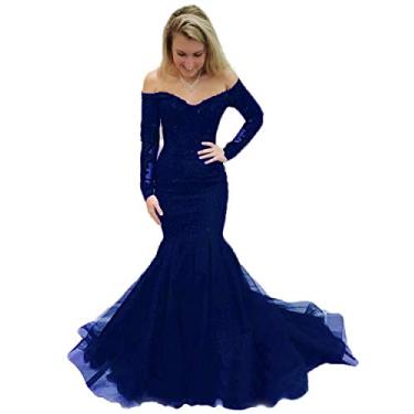 Imagem de CY 2020 Vestidos de formatura sereia ombros de fora apliques de renda manga longa plus size vestidos de festa vestidos de noite, Azul royal, 19 Plus size