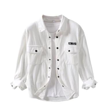 Imagem de WOLONG Camisa masculina de veludo cotelê folgada, manga comprida, gola virada para baixo, camisa social casual, 1295 Branco, M