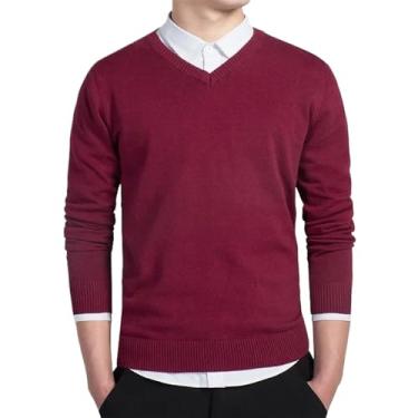 Imagem de Suéter de algodão masculino manga longa cardigã masculino gola V suéter solto sólido botão ajuste tricô estilo casual, Vermelho, G