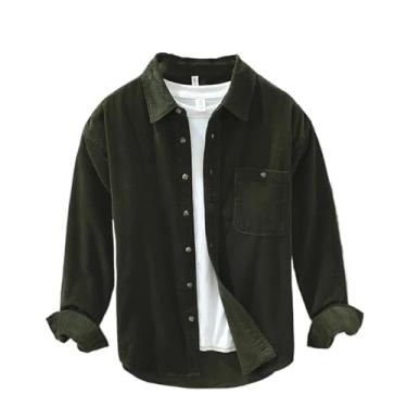 Imagem de Camisa de veludo cotelê cáqui preto manga longa bolsos vintage algodão solto agasalho camisa masculina gola virada para baixo primavera, Army En8, P