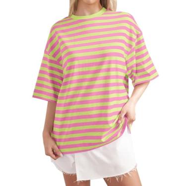 Imagem de PKDong Tops de verão para mulheres, casuais, camisetas soltas, listradas, grandes dimensões, cores contrastantes, gola redonda, manga 7 quartos, A01 Rosa choque amarelo, GG