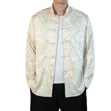 Imagem de Camisa social masculina de cetim branco com gola mandarim de seda e gola chinesa com roupas vermelho dragão, Dourado, GG
