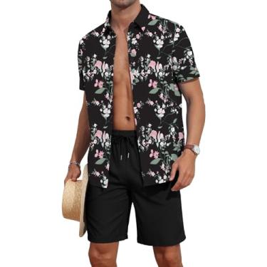 Imagem de YTD Conjunto masculino de 2 peças com estampa tropical, manga curta, camisa havaiana e shorts de praia, Floral preto, G