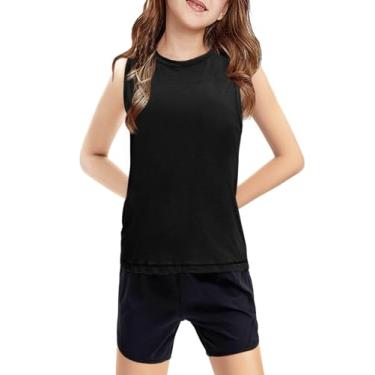 Imagem de Haloumoning Camiseta regata infantil sem mangas atlética leve linda verão roupa de dança 5-14 anos, Preto, 13-14 Anos