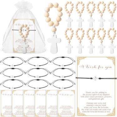 Imagem de Ecation Lembranças de batismo para convidados rosário de madeira mini bolso rosário cruz pulseiras religiosas e bolsas de organza presentes de batismo para chá de bebê, about 3.94 x 2.95 inches,