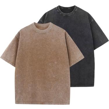 Imagem de Camisetas masculinas de algodão grandes folgadas vintage lavadas unissex manga curta camisetas casuais, Preto + areia, M