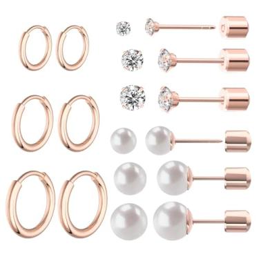 Imagem de 9 pares de brincos de zircônia cúbica com costas planas, conjunto de brincos de pérola, brincos de aço inoxidável cirúrgico, brincos hipoalergênicos para cartilagem moderna para mulheres e homens,