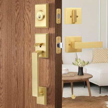 Imagem de LOQRON Conjunto de maçaneta de porta resistente e conjunto de fechadura de fechadura, conjunto de maçanetas de entrada quadrada com fechadura de cilindro único para portas destros e canhotos, latão