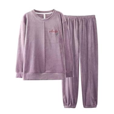 Imagem de LUBOSE Conjunto de camisola de flanela, camisola feminina, camisola térmica de inverno, terno longo feminino de manga comprida, conjunto de camisola confortável para uso doméstico (P, roxo)