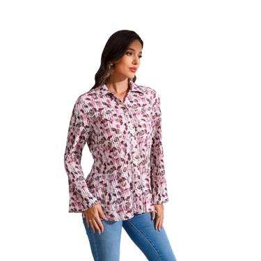 Imagem de Love Welove Fashion Camisas de botão para mulheres, blusas elegantes plissadas de manga comprida floral, Rosa rosa, XXG