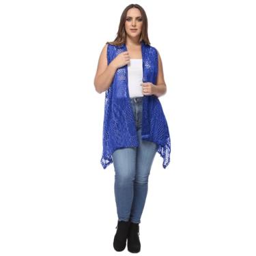 Imagem de Anna-Kaci Colete cardigã feminino plus size boêmio drapeado frente aberta de crochê, Azul royal, GG-XXG