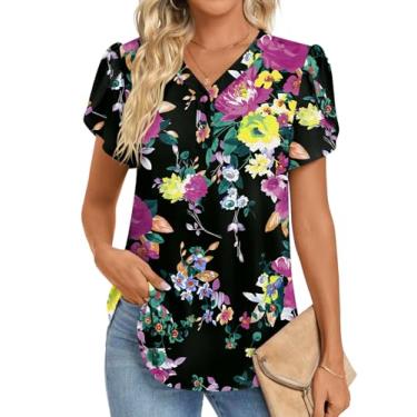 Imagem de HOTGIFT Túnica feminina de verão 2024, casual, manga curta, gola em V, botões, camisetas de chiffon para leggings macias e confortáveis, Flores pretas, 3G