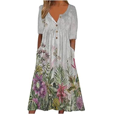 Imagem de Vestidos de manga curta femininos verão outono gola V gola V floral maxi longo praia vestidos havaianos 2024, R-73 Roxo, XXG
