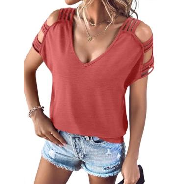 Imagem de Remidoo Camiseta feminina com recorte em escada, manga curta, gola V, Laranja, vermelho, GG