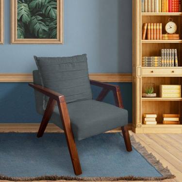 Imagem de Poltrona Monalisa Decorativa Mona Pés De Madeira Maciça Linho Cinza Escuro