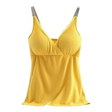 Imagem de Regata feminina com sutiã embutido, alças finas, gola V, sexy, renda, colete de malha lisa, Amarelo, G