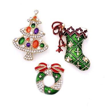 Imagem de LAXPICOL 3 peças de árvore de Natal de cristal austríaco brilhante, grinalda de sino de Natal e meias de Natal, broche de alfinete, alfinete, echarpe, Metal Cristal