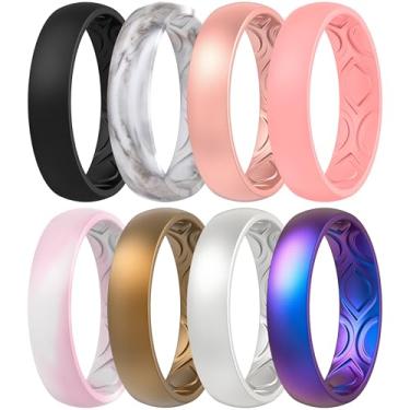 Imagem de Alianças de casamento de silicone ThunderFit para mulheres, ranhuras de ar respiráveis de 5,5 mm de largura – 1,5 mm de espessura (bronze feminino, ouro rosa, galáxia, prata, rosa claro, mármore, preto, vermelho claro – Tamanho 11,5 – 12 (21,3 mm)