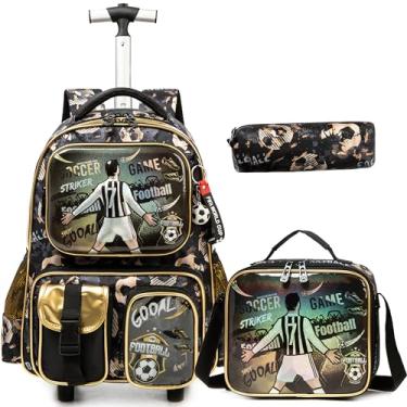 Imagem de Egchescebo Mochila Escolar Infantil com Rodinhas para Menino e Crianças Rodas Bolsa Mala Carrinho 17” 3PCS Lancheira Juvenil Estojo Costas Divertidamente Multifuncionais Futebol Marrom