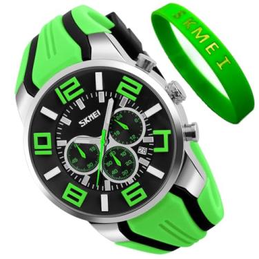 Imagem de SKMEI Relógio masculino de silicone, jovem, à prova d'água, esportivo, moderno, casual, grande, cronógrafo, luxuoso, luminoso, analógico, quartzo, preto, presente, G9128green, Tendência