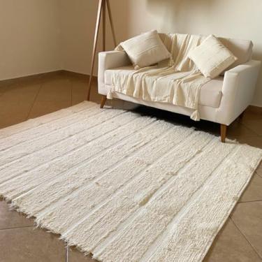 Imagem de Tapete Sala Quarto Boho Artesanal Algodão Cru Minimalista Lines Dupla Face Rustico Macio Tear Manual (Cru, 2,00 x 2,50)