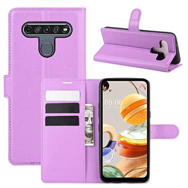 Imagem de Capa para LG K61, capa para LG Q61, couro PU com suporte para cartão de crédito, capa carteira flip com suporte [compartimentos para cartão] [fecho magnético] para LG K61/LG Q61 (roxo)