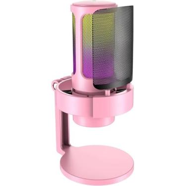 Imagem de Microfone RGB Condensador Com Conector De Monitoramento De Fone De Ouvido USB Profissional Controle De Luz Gamer Para Computador Jogos Transmissao Ao Vivo Plug And Play - TOMATE (Rosa)