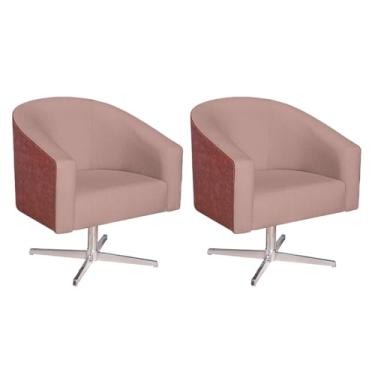 Imagem de kit 02 Poltronas Luiza Base Giratória de Metal Corano Nozes e Linho Rosê - Amarena Móveis