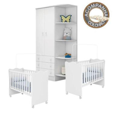 Imagem de Quarto de Bebê Gemeos Berço c/Rod Colchão Nana e Guarda Roupa Doce Son