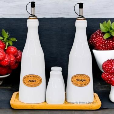 Imagem de Kit Galheteiro Porcelana 1° Linha Branca 5pçs Azeite Vinagre Saleiro Paliteiro Base Bambu