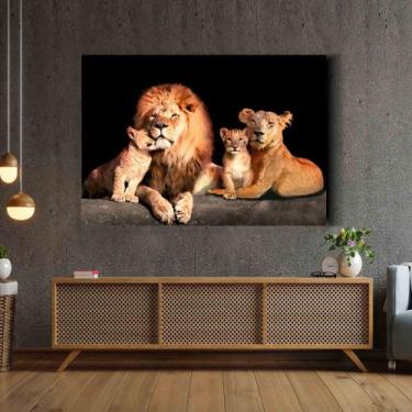 Imagem de Quadro Decorativo para Sala Quarto Hall Leão Leoa Família Filhotes 90x