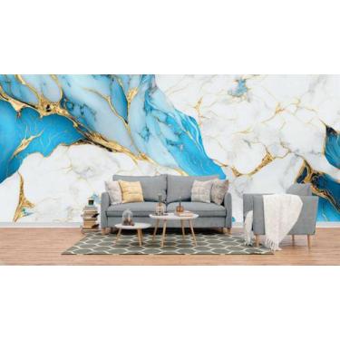 Imagem de Papel de Parede Painel 3D Mármore Branco Dourado Azul 4M Revestimento 