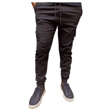Imagem de Calça jogger masculino preto lisa e rasgada elastano jeans e sarja pro