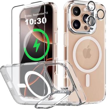 Imagem de WATEFULL Capa transparente para iPhone 16 Pro Max MagSafe com anel de suporte de câmera de metal resistente, ultra ímãs transparentes e finos à prova de choque com 1 tela 1 protetor de lente de câmera