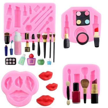 Imagem de Aramola Moldes de silicone com tema de maquiagem Kiss Lip Batom Perfume Molde de pincel de cílios para Dia dos Namorados Moldes de fondant para decoração de bolos de chocolate, pasta de goma, doces,