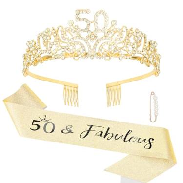 Imagem de Semato Decorações de aniversário de 50 anos – Kit de faixa dourada de 50 anos e tiara de 50º aniversário para mulheres, presentes de 50 anos para ela, artigos e lembrancinhas de festa de 50 anos