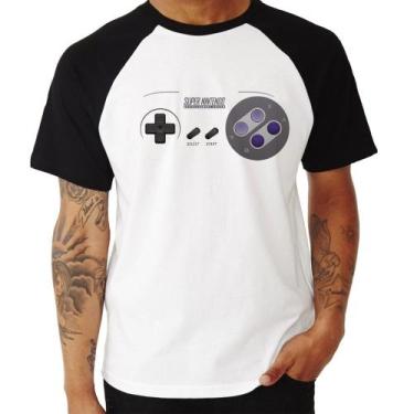 Imagem de Camiseta Raglan Super Nintendo SNES Gamepad - Foca na Moda, Branco, Pr