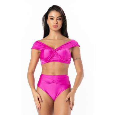 Imagem de Biquíni Ciganinha com Bojo Cintura Alta Hot Pants Liso - Kosh, Rosa, E